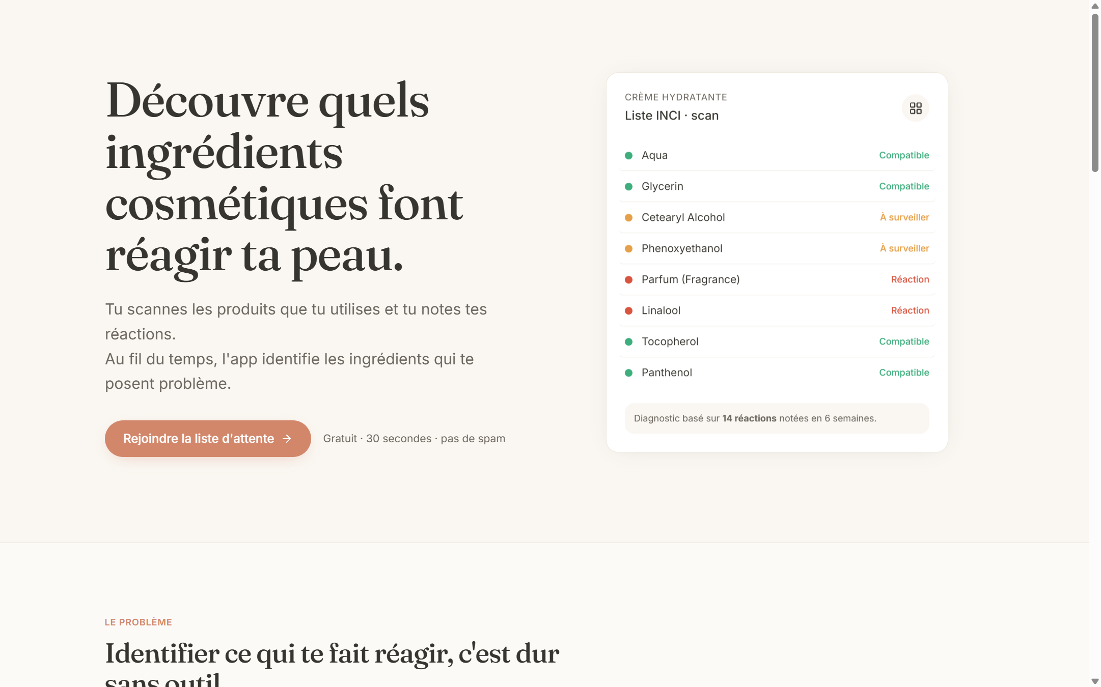 Page d'accueil d'Inkindly : scan des ingrédients cosmétiques et liste INCI annotée.